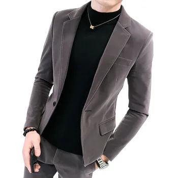 Осенний мужской замшевый блейзер нового стиля, стильный приталенный блейзер на одной пуговице, свадебная вечеринка, 2 предмета, куртка, костюм, Брюки, Комплект пальто