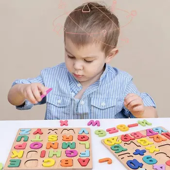 Красочные деревянные пазлы с цифрами алфавита Детские Интеллектуальные комбинационные игры Для детей дошкольного возраста Ранние развивающие игрушки Изображение 2