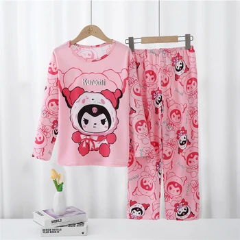 Одежда для отдыха Hello Kitty, Комплект из 2 предметов, Пижамный Костюм Cinnamoroll, Милые Пижамы для Детей, Весенний Пижамный Комплект для девочек Kuromi С Длинными Рукавами