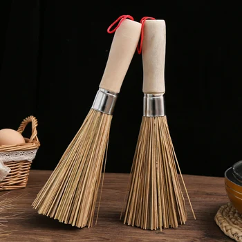 Бамбуковый скруббер для чистки кастрюль, щетка для мытья посуды с деревянной ручкой для домашней кухни, ручная мойка чугунных кастрюль.