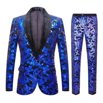 Модный мужской роскошный костюм с блестками, 2 предмета, зеленые/синие/фиолетовые мужские модные сценические блейзеры для выпускного вечера, куртка и брюки Изображение 2