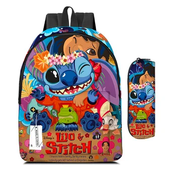2шт Рюкзак Disney Lilo Stitch с несколькими карманами и сумкой для карандашей, повседневные школьные сумки для женщин, студенческие комплекты для подростков Изображение 2