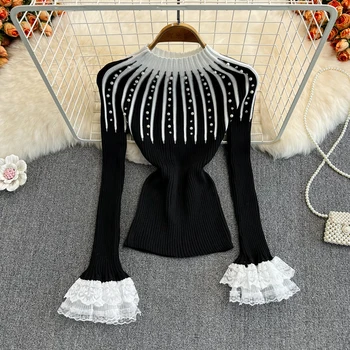 Осенне-зимний Новый Модный свитер с высоким воротом и длинным рукавом с бриллиантами, кружевные расклешенные рукава, приталенная трикотажная рубашка Снизу, топ
