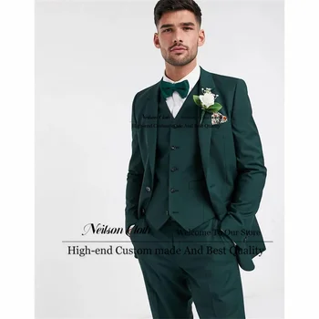 Официальные мужские блейзеры для выпускного вечера с зубчатыми лацканами, темно-зеленые Свадебные смокинги для жениха, комплекты из 3 предметов, мужские костюмы, приталенный деловой костюм Homme