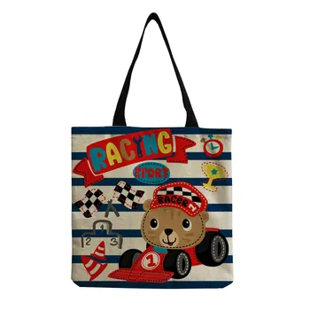 Повседневная многоразовая хозяйственная сумка с милым медведем для девочки, женская льняная уличная пляжная сумка через плечо, большая мультяшная сумка-тоут для женщин