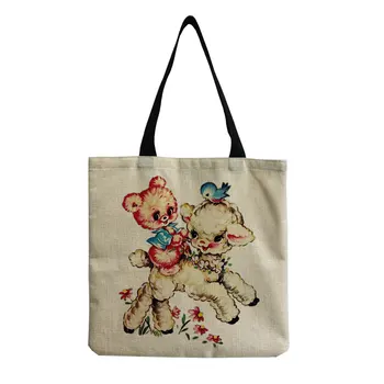Повседневная многоразовая хозяйственная сумка с милым медведем для девочки, женская льняная уличная пляжная сумка через плечо, большая мультяшная сумка-тоут для женщин Изображение 2