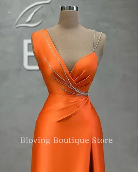 Простые оранжевые вечерние платья с неправильным вырезом и разрезом сбоку, Русалка, платье для выпускного вечера в Дубае, Арабские вечерние платья с рюшами, вечерние платья robe de soirée Изображение 2