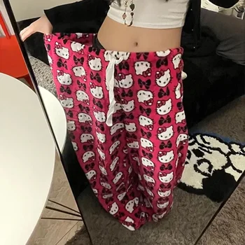 Новые пижамные брюки с рисунком Aoger Hello Kitty, фланелевые модные брюки на Хэллоуин, женские шерстяные повседневные домашние брюки Kawaii, подарок для девочки