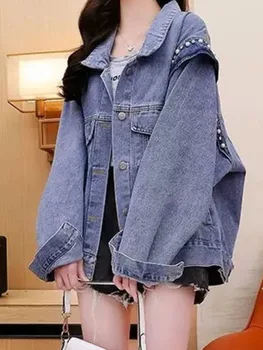 Джинсовая куртка с отложным воротником и синими бусинами для ногтей, женская верхняя одежда в стиле пэчворк на пуговицах, джинсовое пальто, женская весенне-осенняя куртка Изображение 2