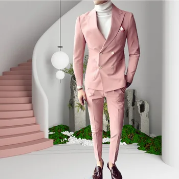 Розовые модные костюмы Куртка с брюками Классический дизайн Приталенная Мужская одежда-двойка Деловой Свадебный Блейзер для жениха Формальный Терно