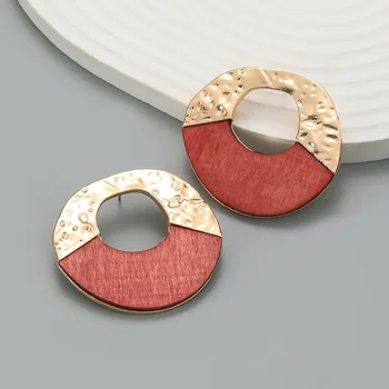 2023 Новые Эффектные серьги неправильной круглой формы из металла и дерева сращенные для женщин, Аксессуары для праздничных вечеринок ZAA Jewelry Изображение 2