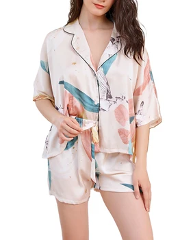 Женская атласная пижама, топы с коротким рукавом и воротником-лацканами, короткие брюки с эластичной талией, домашняя одежда, одежда для сна, комплект из 2 предметов