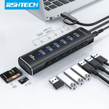 RSHTECH USB-Концентратор 10 Гбит/с Алюминиевый USB C Удлинитель-Концентратор-Разветвитель с Устройством Чтения Карт SD/TF для Портативных ПК Macbook Компьютерные Аксессуары