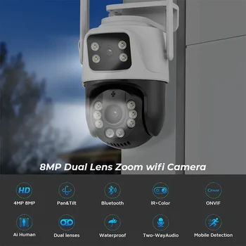 8-Мегапиксельная 4K PTZ Wifi Камера с Двойным Объективом и Двойным Экраном Ai Human Detect Auto Tracking Беспроводная Камера Наружного Наблюдения iCSee App Изображение 2