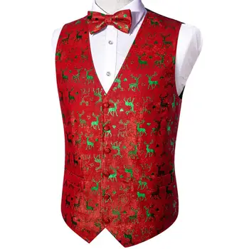 Дизайнерский Рождественский жилет для мужчин, праздничный шелковый красно-зеленый жилет из лося, галстук-бабочка, комплект Happy Party Barry Wang Изображение 2