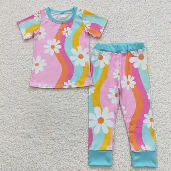 GSPO0720 Одежда для маленьких девочек, топ с короткими рукавами и штаны, комплект детской одежды с цветочным принтом из 2 частей