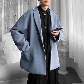 Модные классические мужские повседневные блейзеры в японском стиле черного, синего, хаки, осенне-весеннего фасона, модный брендовый свободный длинный костюм Изображение 2