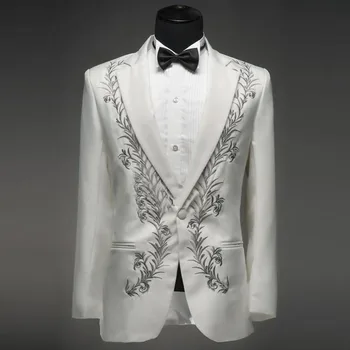 Свадебный мужской костюм с белой вышивкой, повседневный, из 2 предметов, смокинг для выпускного вечера, модные мужские костюмы для жениха Masculino Trajes De Hombre.