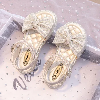 Дизайн с бантом, блестящая летняя обувь принцессы для девочек, Милые сандалии для девочек