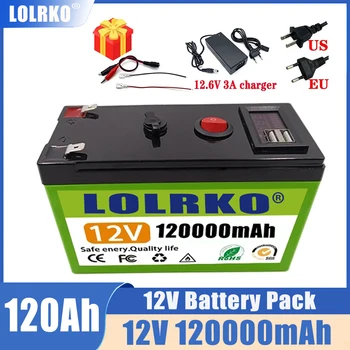 Железо-фосфатная батарея 12V 120Ah USB, перезаряжаемая литиевая батарея 18650 для электромобиля на солнечной энергии + зарядное устройство 12,6 V 3A