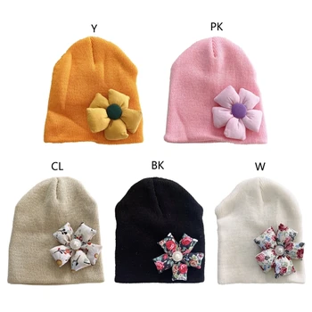 Детская шапочка с цветочными украшениями, мягкая и теплая вязаная шапочка, детская шапочка, легкая шапочка, используемая для осени и зимы