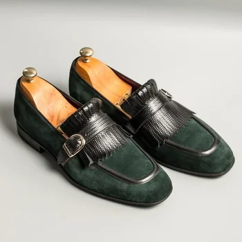 Зеленые мужские лоферы с кисточками, без шнуровки, с круглым носком, черные мужские модельные туфли ручной работы, размер 38-46