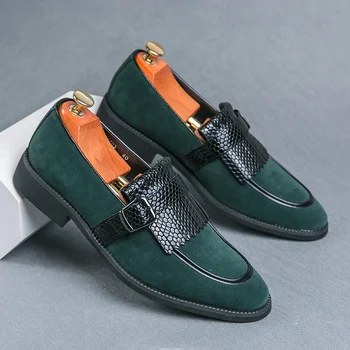 Зеленые мужские лоферы с кисточками, без шнуровки, с круглым носком, черные мужские модельные туфли ручной работы, размер 38-46 Изображение 2