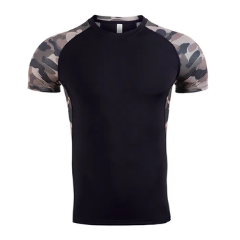 Мужские футболки для бега, дышащие спортивные топы для бега трусцой, бодибилдинга, эластичная футболка с коротким рукавом и камуфляжным принтом. Изображение 2