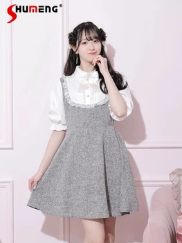 Платье с кружевным воротником и коротким рукавом Sweet Doll Весна 2024, японский стиль, милый эластичный пуловер с высокой талией, короткие платья для женщин