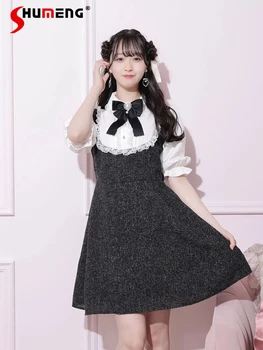Платье с кружевным воротником и коротким рукавом Sweet Doll Весна 2024, японский стиль, милый эластичный пуловер с высокой талией, короткие платья для женщин Изображение 2