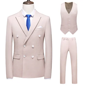 (Костюм + жилет + брюки) 2023 Новый мужской костюм из 3 предметов, приталенный, на одной пуговице, деловой, для свадебной вечеринки, однотонный костюм, майка, брюки M-6XL Изображение 2