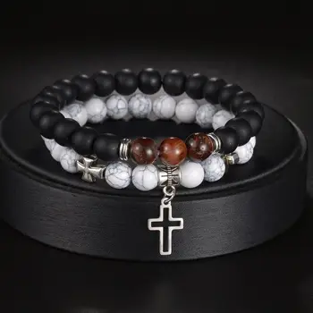 Модный Кулон с Крестом Иисуса, мужские браслеты из бисера, черный Лавовый камень, 8 мм, белые браслеты из бисера, браслеты для женщин, украшения для йоги