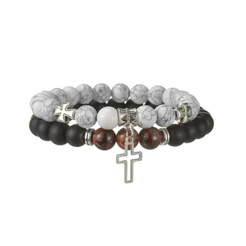 Модный Кулон с Крестом Иисуса, мужские браслеты из бисера, черный Лавовый камень, 8 мм, белые браслеты из бисера, браслеты для женщин, украшения для йоги Изображение 2