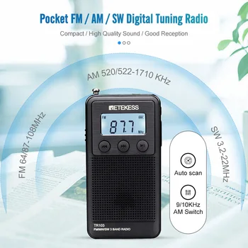 Retekess Мини-радио FM TR103 Портативные карманные радиостанции AM SW стерео радиоприемник на всех волнах Перезаряжаемый аккумулятор MP3-плеер Изображение 2