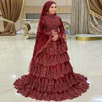 Бордовые Великолепные Свадебные платья из Дубая, Арабские Мусульманские платья с длинными рукавами, кружевная юбка с высоким воротом, официальные вечерние платья, свадебная вечеринка