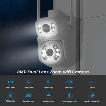 8-Мегапиксельная PTZ IP-камера с двумя объективами, несколькими видами, автоматическое отслеживание, интеллектуальное ночное видение, Wi-Fi, Bluetooth-соединение, камера наблюдения ICSEE Изображение 2