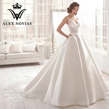 Бальное платье ALEX NOVIAS, Атласное свадебное платье на бретельках, 2023, V-образный вырез, Аппликации, Вышивка, Кружевное свадебное платье Vestidos De Novia