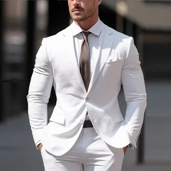 Новые белые мужские смокинги, деловой костюм Жениха, Жених для выпускного вечера, свадебной вечеринки, официальный комплект из 2 предметов, куртка и брюки