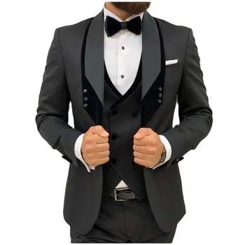 Костюмы для мужчин, приталенный черный бархатный воротник с лацканами в стиле пэчворк, Официальная деловая мода, свадебный костюм жениха, смокинг, 3 предмета