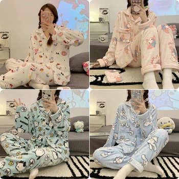 Аниме Hello Kitty Sanrio, домашняя одежда из кораллового флиса, комплект из 2 предметов, женская мягкая плюшевая пижама, костюм, кардиган, топы, Свободные брюки, пижамы