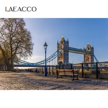 Laeacco Великобритания Лондонский мост Парк Риверсайд Каменная дорожка Скамейка Фон для фотосъемки Фото Фон для фотостудии