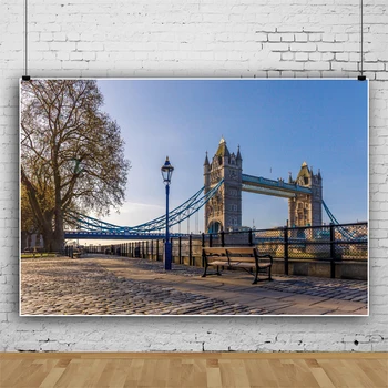 Laeacco Великобритания Лондонский мост Парк Риверсайд Каменная дорожка Скамейка Фон для фотосъемки Фото Фон для фотостудии Изображение 2