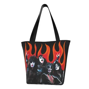 Изготовленная на заказ винтажная холщовая сумка для покупок Kiss Band, женские моющиеся сумки для покупок в стиле хэви-метал Рок-н-ролл