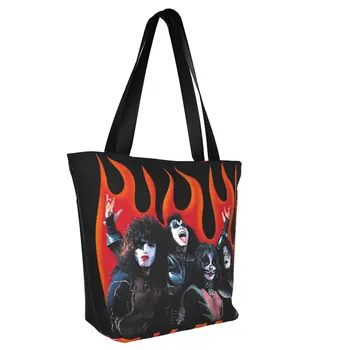 Изготовленная на заказ винтажная холщовая сумка для покупок Kiss Band, женские моющиеся сумки для покупок в стиле хэви-метал Рок-н-ролл Изображение 2