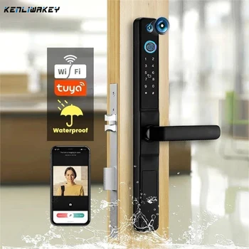 Водонепроницаемая камера Tuya WiFi, Биометрический замок с отпечатком пальца, код RFID-карты, электронный умный дверной замок без ключа для алюминиевой стеклянной двери