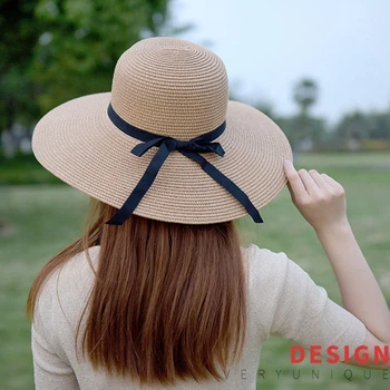 Женская соломенная шляпа от солнца с бантом, летние пляжные шляпы с широкими полями для защиты от ультрафиолета