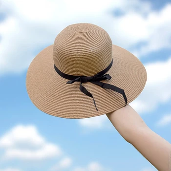 Женская соломенная шляпа от солнца с бантом, летние пляжные шляпы с широкими полями для защиты от ультрафиолета Изображение 2