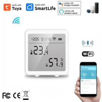 Умный WIFI Датчик температуры и влажности Tuya, внутренний гигрометр, термометр с ЖК-дисплеем, голосовое управление Alexa Home