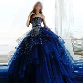 Вечерние платья Королевского синего цвета без бретелек, расшитые бисером, Кружевное Тюлевое бальное платье, Шикарное свадебное платье для новобрачных Ever Pretty Dresses