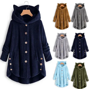 Осенние куртки, женская блузка большого размера, пальто на пуговицах, однотонные топы, пуловер с капюшоном, свободные свитера, куртки, плюшевый топ 5xl Изображение 2